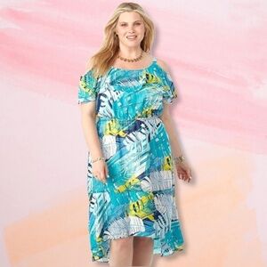 Roz and Ali blue and yellow cold shoulder high low dress from Dress Barn.